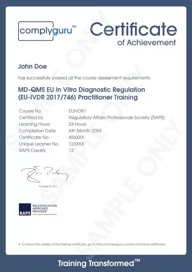 Sample Certificate of EU IVDR Training for Practitioners working with the European In Vitro Diagnostic Regulation (2017/746)