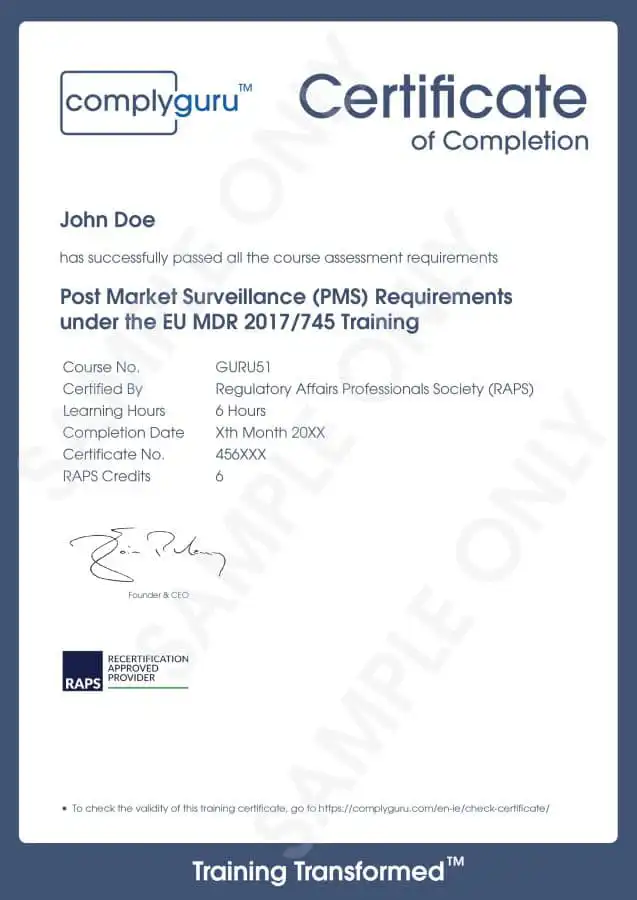 Sample Certificate of Post Market Surveillance (PMS) Requirements Training