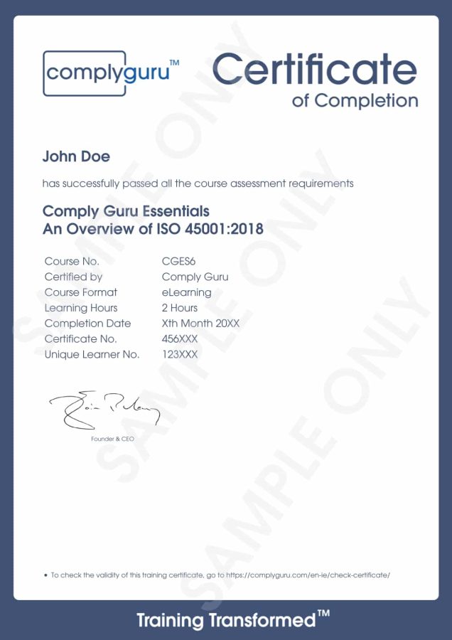 Sample Certificate of ISO 45001 Essentials Training Sample Certificate of ISO 45001 Essentials Training