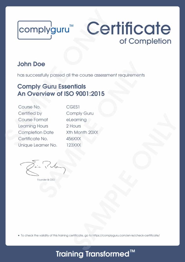 Sample Certificate of ISO 9001 Essentials Training Sample Certificate of ISO 9001 Essentials Training