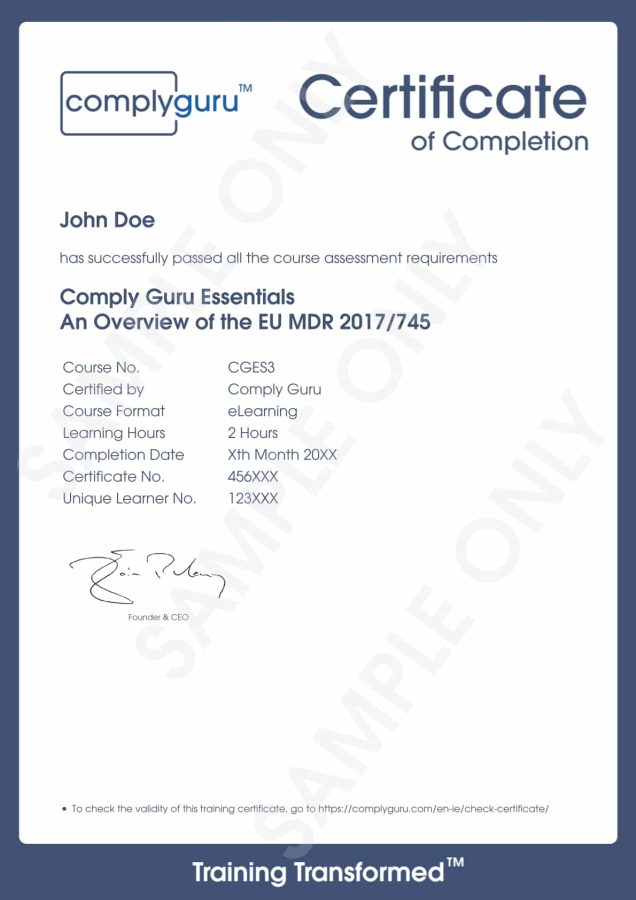 Sample Certificate of EU MDR 2017/745 Essentials Training Sample Certificate of EU MDR 2017/745 Essentials Training