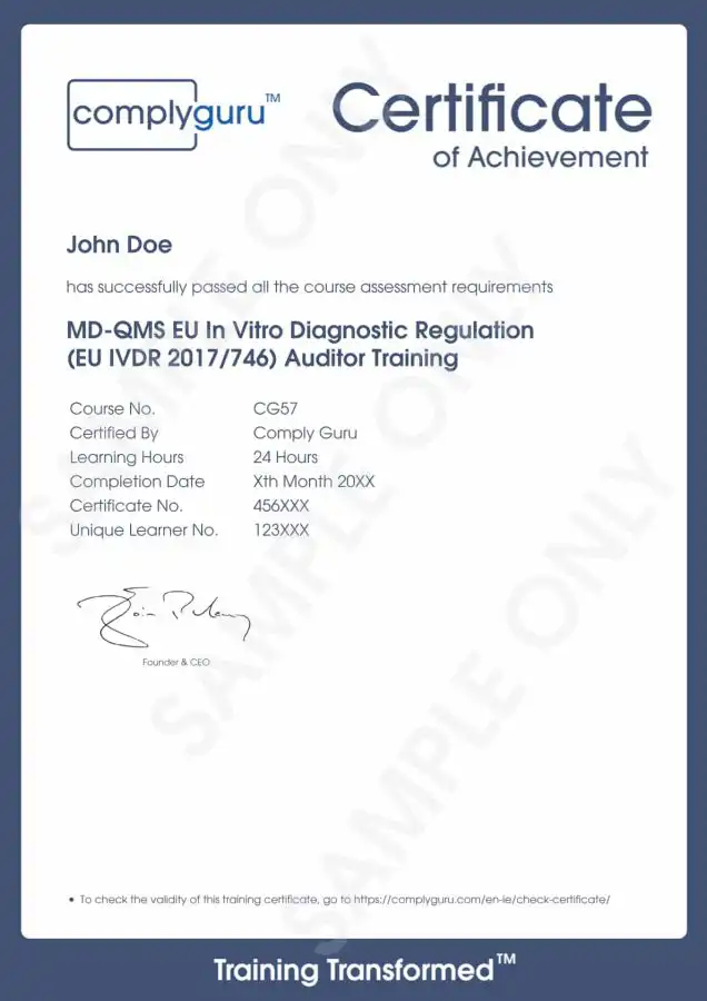 Sample Certificate of EU IVDR Lead Auditor Training for the European In Vitro Diagnostic Regulation (2017/746)