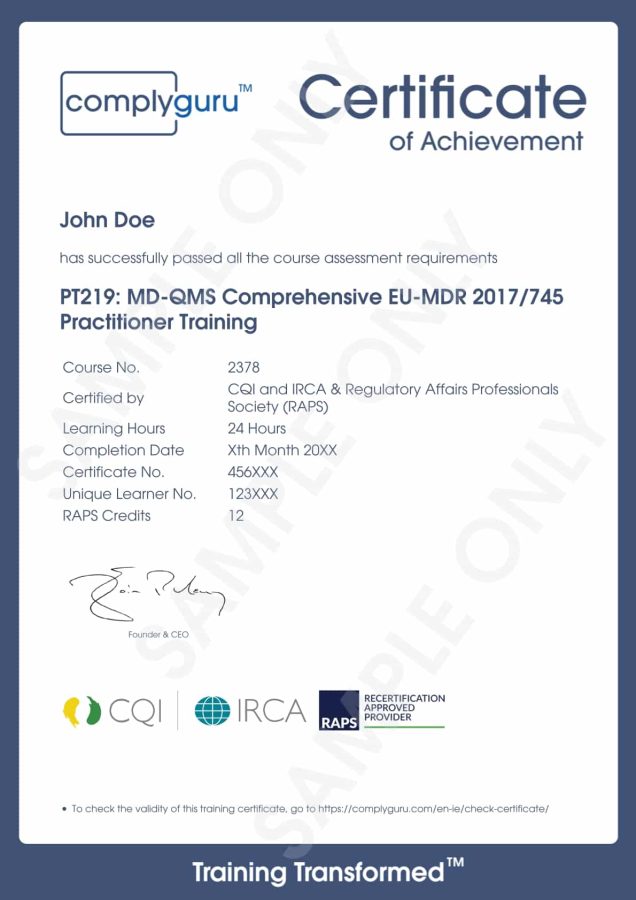 Sample Certificate of EU MDR Training for Practitioners working with the European Medical Device Regulation (2017/745)