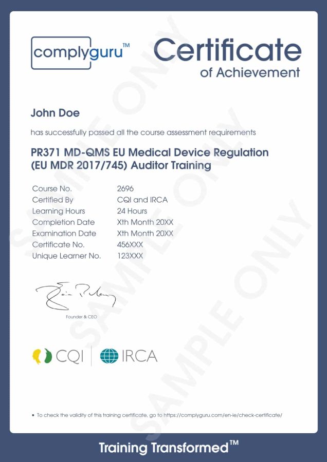 Sample Certificate of EU MDR Lead Auditor Training for the European Medical Device Regulation (2017/745)