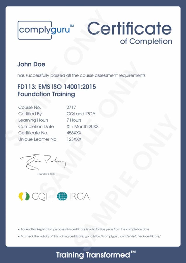 Sample Certificate of ISO 14001 Foundation Training for Environmental Management Systems (EMS)
