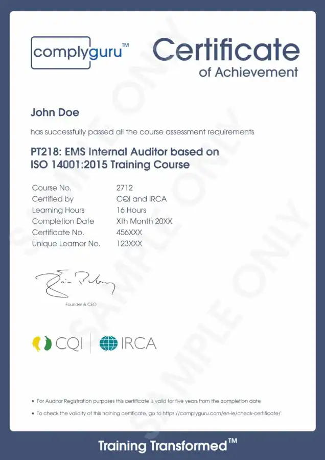 Sample Certificate of ISO 14001 Internal Auditor Training for Environmental Management Systems (EMS)