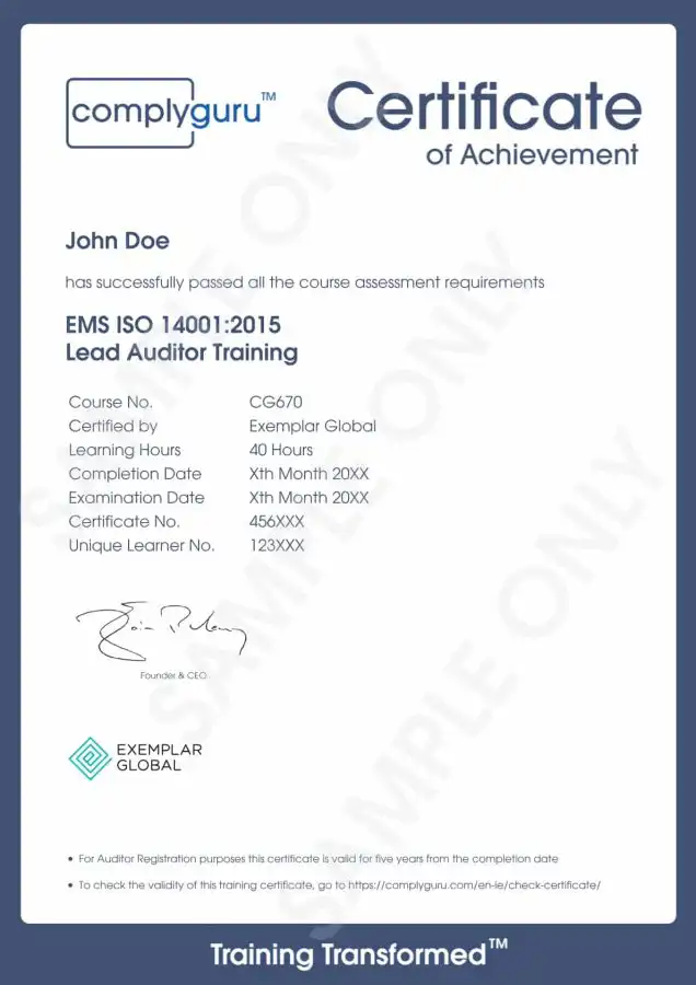 Sample Certificate of ISO 14001 Lead Auditor Training for Environmental Management Systems (EMS)