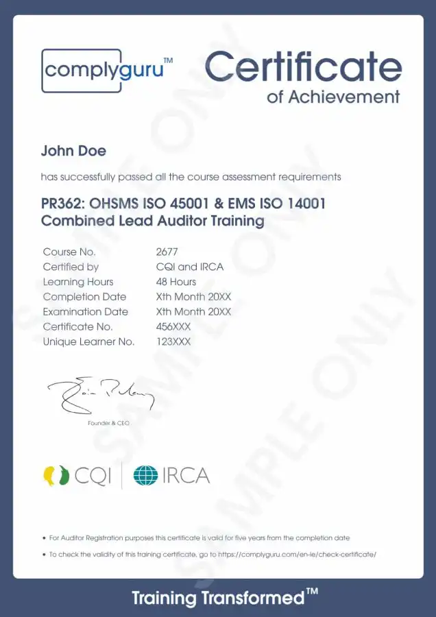 Sample Certificate of ISO 14001 and ISO 45001 Lead Auditor Training for Environmental, Health and Safety Management Systems (EHS)