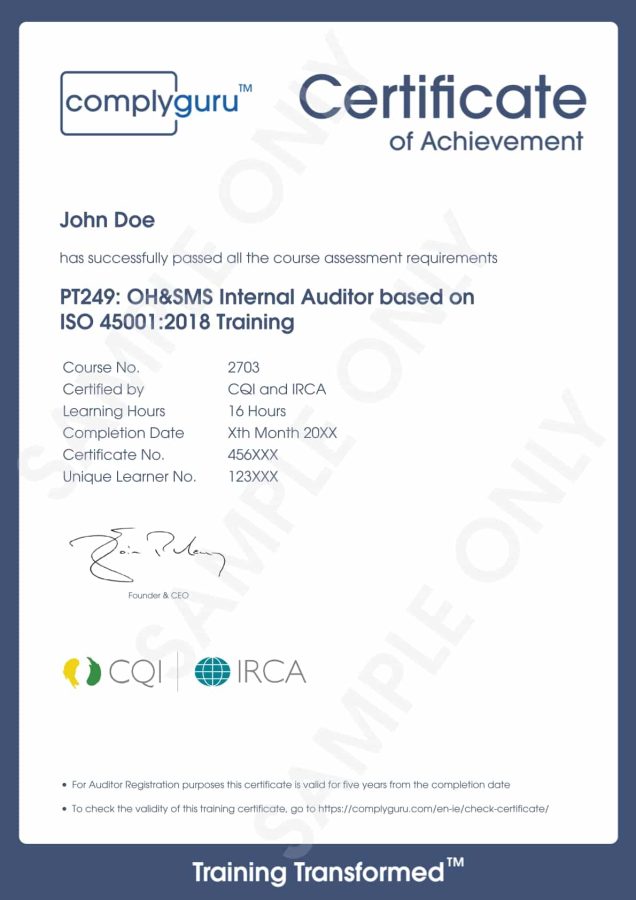 Sample Certificate of ISO 45001 Internal Auditor Training for Occupational Health and Safety Management Systems (OHSMS)