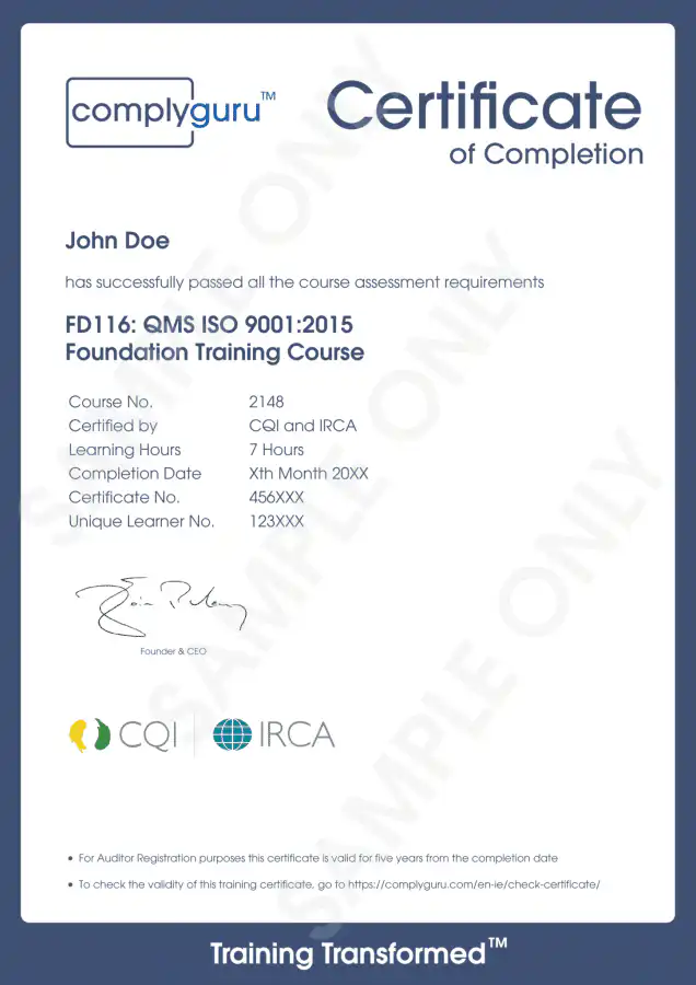 Sample Certificate of ISO 9001 Requirements for Practitioners and Auditors
