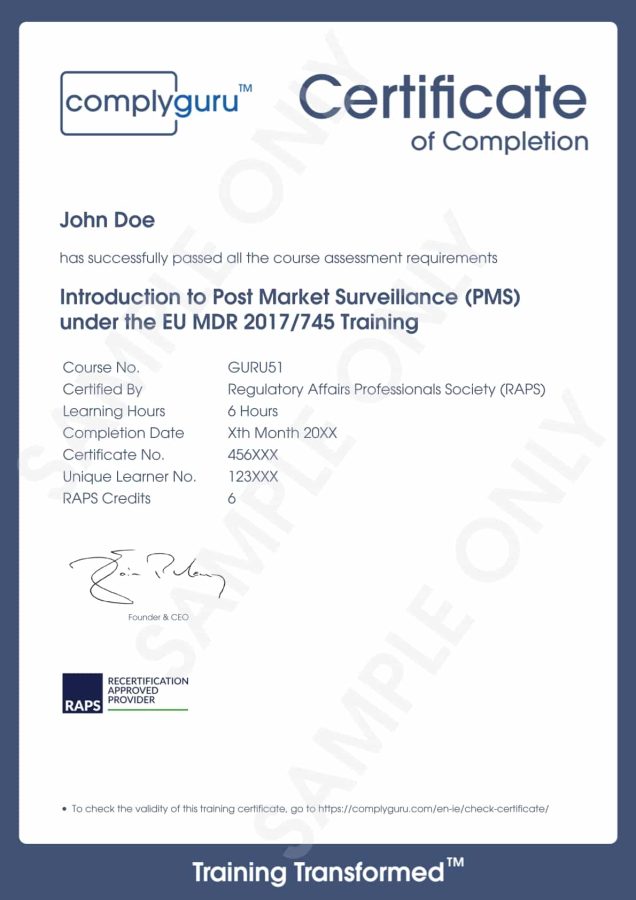 Sample Certificate of Introduction to Post Market Surveillance (PMS) Training