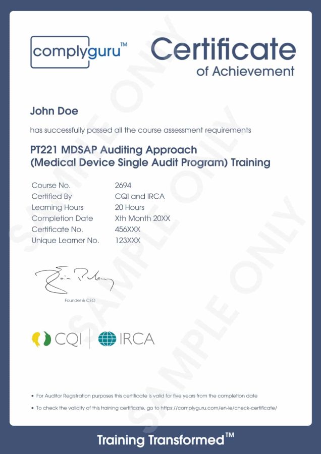 Sample Certificate of MDSAP Auditor Skills Training