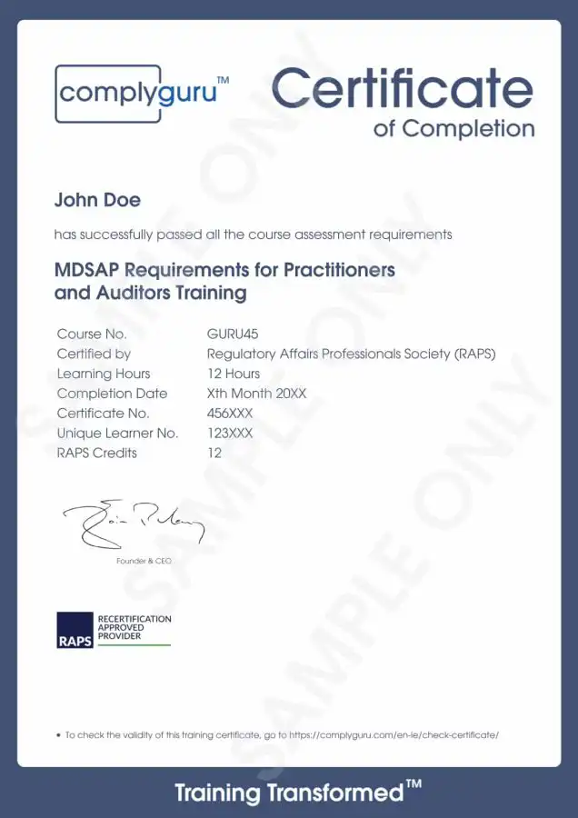 Sample Certificate of MDSAP Requirements for Practitioners and Auditors
