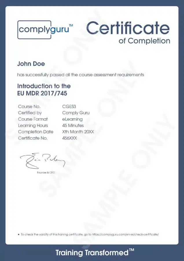 Sample Certificate of Introduction to EU MDR 2017/745 Training