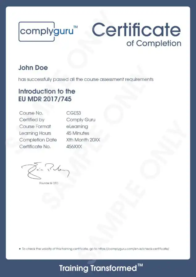 Sample Certificate of Introduction to EU MDR 2017/745 Training