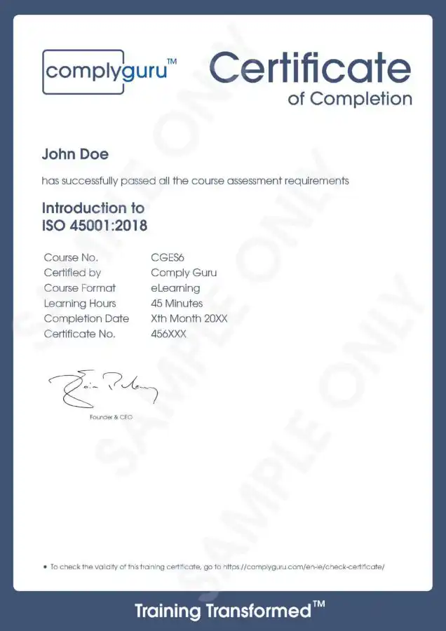 Sample Certificate of Introduction to ISO 45001 Training