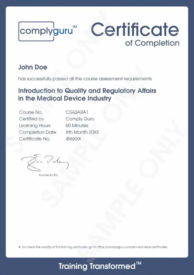 Sample Certificate of Introduction to Quality and Regulatory Affairs in MedTech