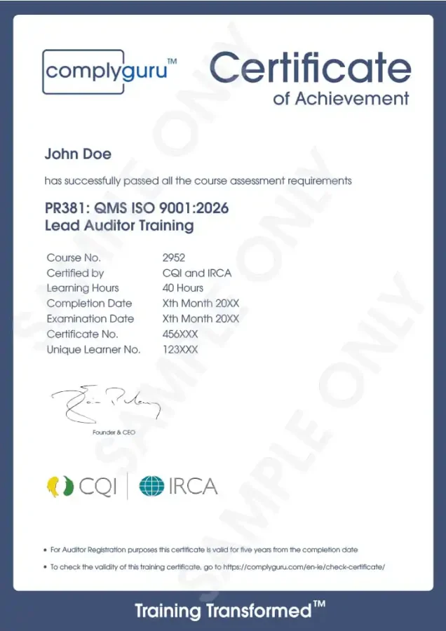 Sample Certificate of ISO 9001 Lead Auditor Training for Quality Management Systems (QMS)
