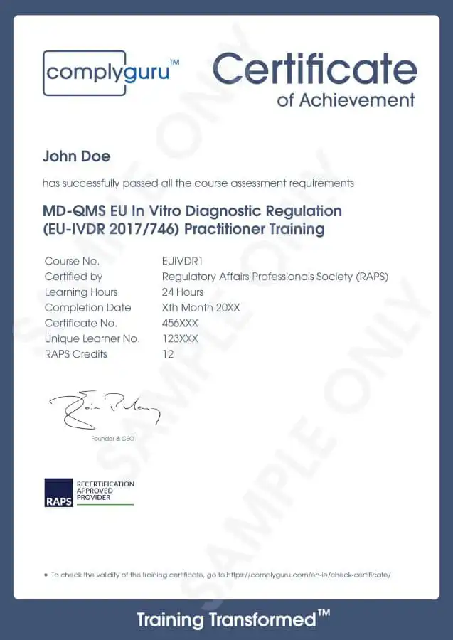 Sample Certificate of EU IVDR Requirements Training for Practitioners working with the European In Vitro Diagnostic Regulation (2017/746)