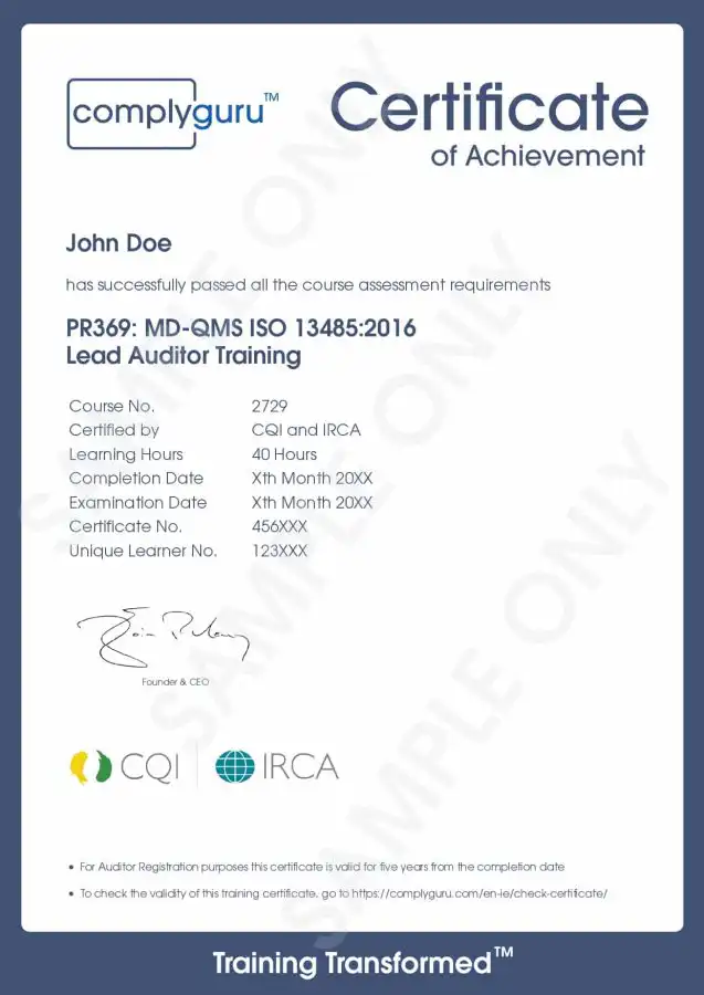 Sample Certificate of ISO 13485 Lead Auditor Training for Medical Device Quality Management Systems (MD-QMS)