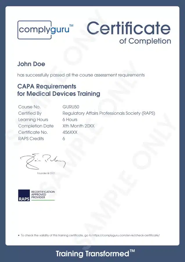 Sample Certificate of CAPA Requirements in Medical Devices Training