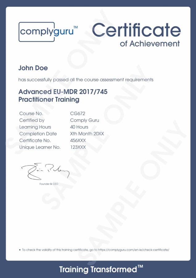 Sample Certificate of Advanced EU MDR Practitioner Training