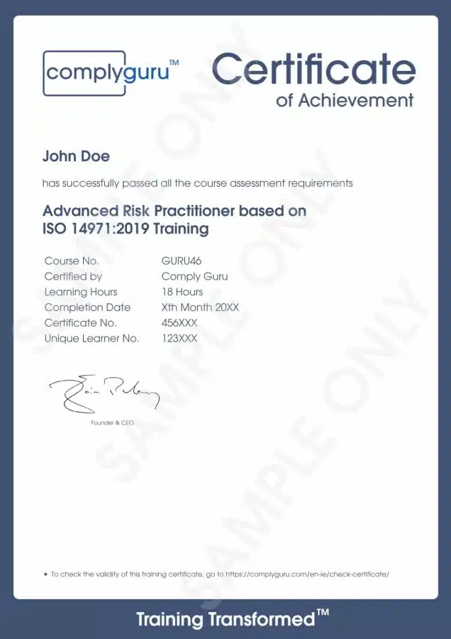 Sample Certificate of Advanced Risk Practitioner (ISO 14971) for Medical Devices