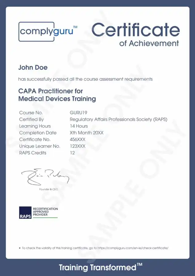 Sample Certificate of CAPA Practitioner for Medical Devices Training