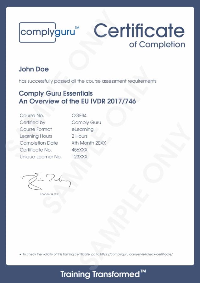 Sample Certificate of EU IVDR 2017/746 Essentials Training Sample Certificate of EU IVDR 2017/746 Essentials Training
