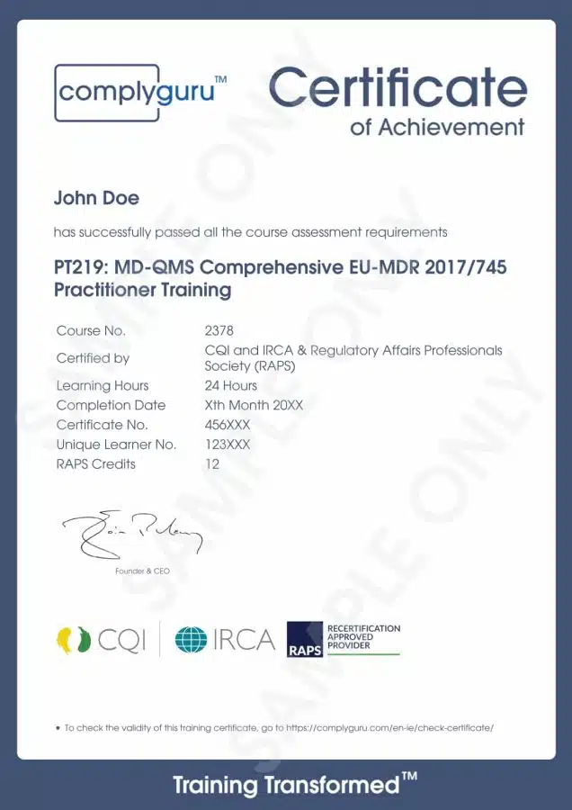 Sample Certificate of EU MDR Training for Practitioners working with the European Medical Device Regulation (2017/745)