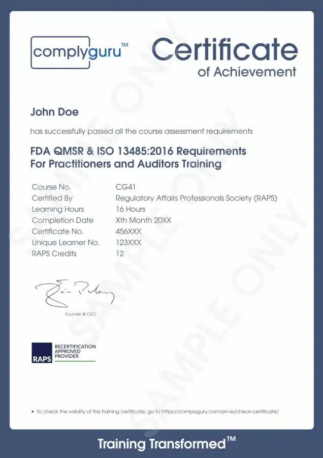 Sample Certificate of FDA QMSR and ISO 13485 Requirements for Practitioners and Auditors