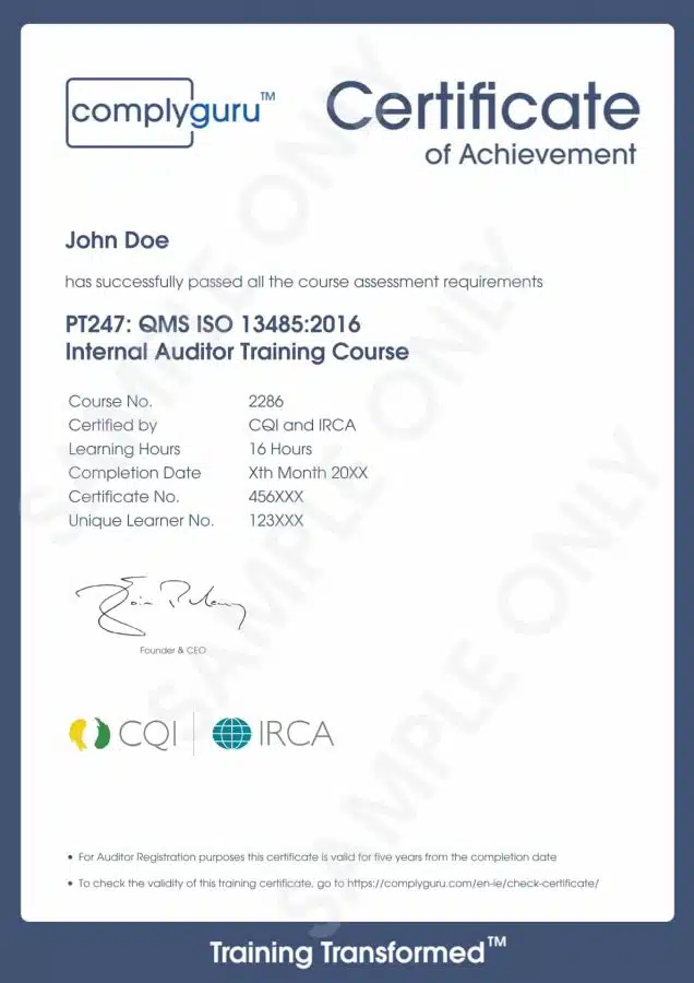 Sample Certificate of ISO 13485 Internal Auditor Training for Medical Device Quality Management Systems (MD-QMS)