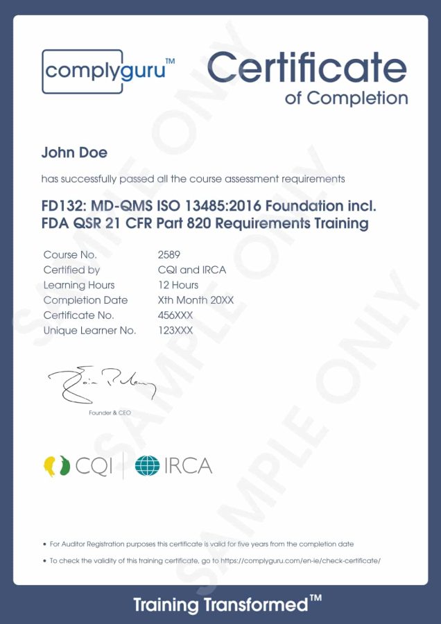 Sample Certificate of ISO 13485 and FDA QSR 21 CFR Part 820 Foundation for Practitioners and Auditors