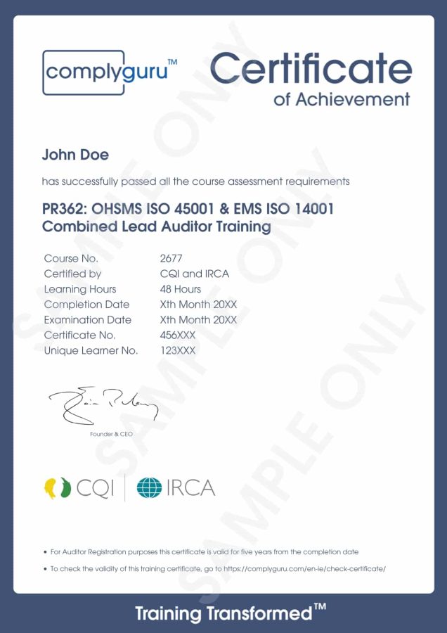 Sample Certificate of ISO 14001 and ISO 45001 Lead Auditor Training for Environmental, Health and Safety Management Systems (EHS) Sample Certificate of ISO 14001 and ISO 45001 Lead Auditor Training for Environmental, Health and Safety Management Systems (EHS)