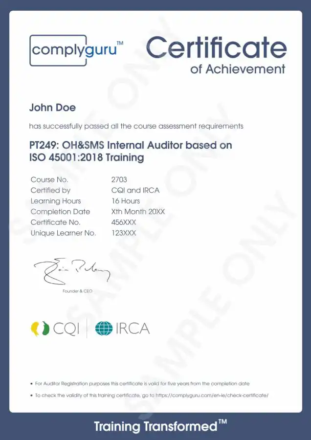 Sample Certificate of ISO 45001 Internal Auditor Training for Occupational Health and Safety Management Systems (OHSMS)