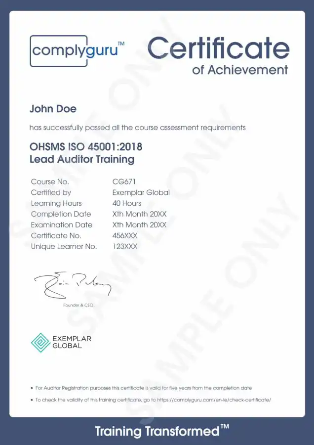 Sample Certificate of ISO 45001 Lead Auditor Training for Occupational Health and Safety Management Systems (OHSMS)
