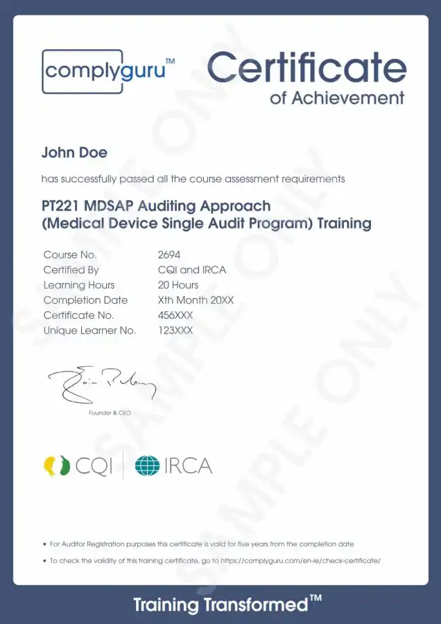 Sample Certificate of MDSAP Auditor Training