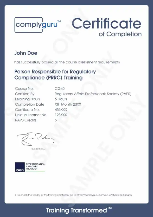 Sample Certificate of Person Responsible for Regulatory Compliance (PRRC) Training