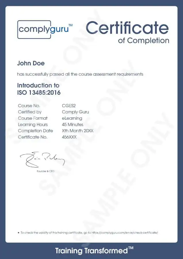 Sample Certificate of Introduction to ISO 13485 Training