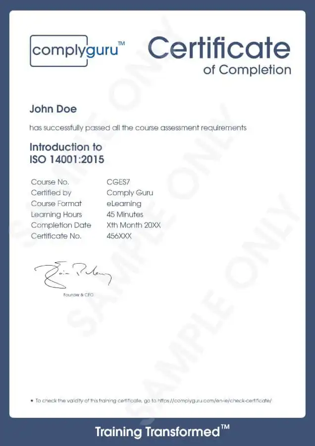 Sample Certificate of Introduction to ISO 14001 Training