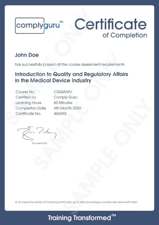 Sample Certificate of Introduction to Quality and Regulatory Affairs in MedTech