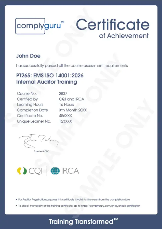 Sample Certificate of ISO 14001 Internal Auditor Training for Environmental Management Systems (EMS)