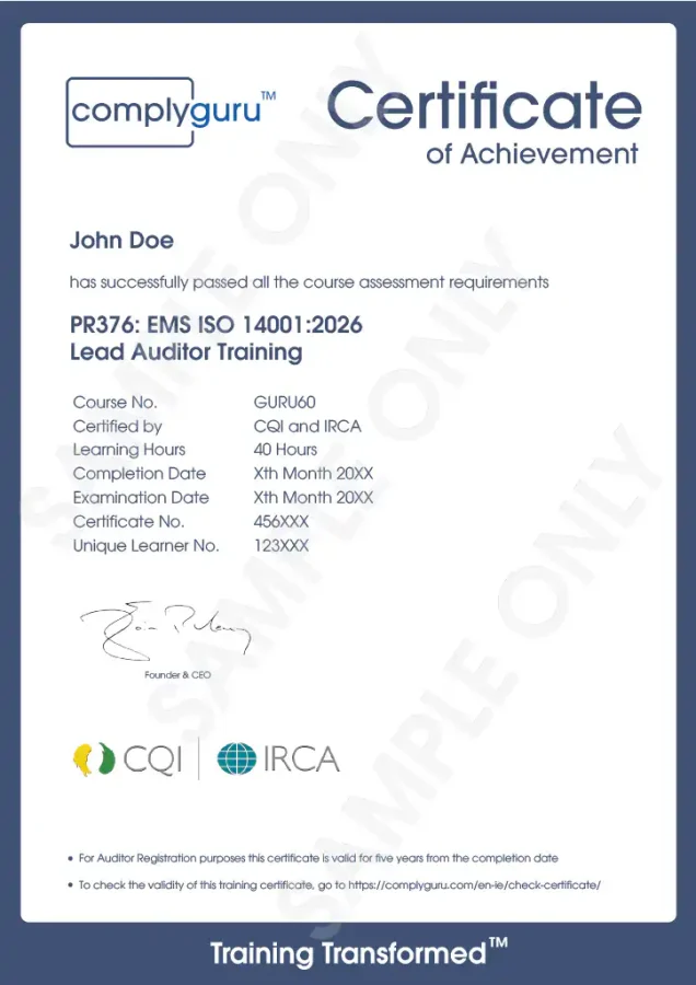 Sample Certificate of ISO 14001 Lead Auditor Training for Environmental Management Systems (EMS)