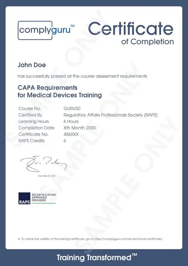 Sample Certificate of CAPA Requirements in Medical Devices Training