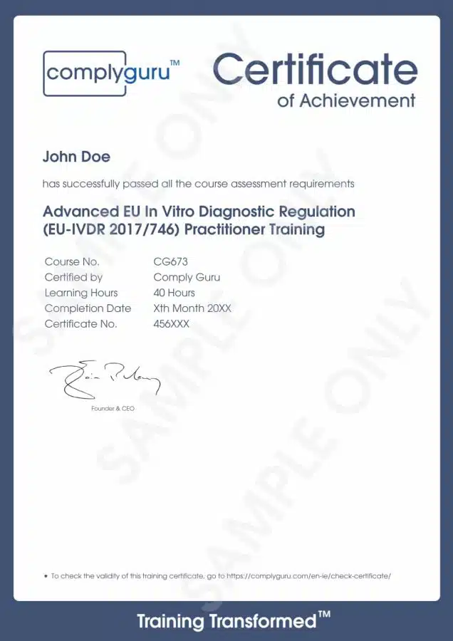 Sample Certificate of Advanced EU IVDR Practitioner Training