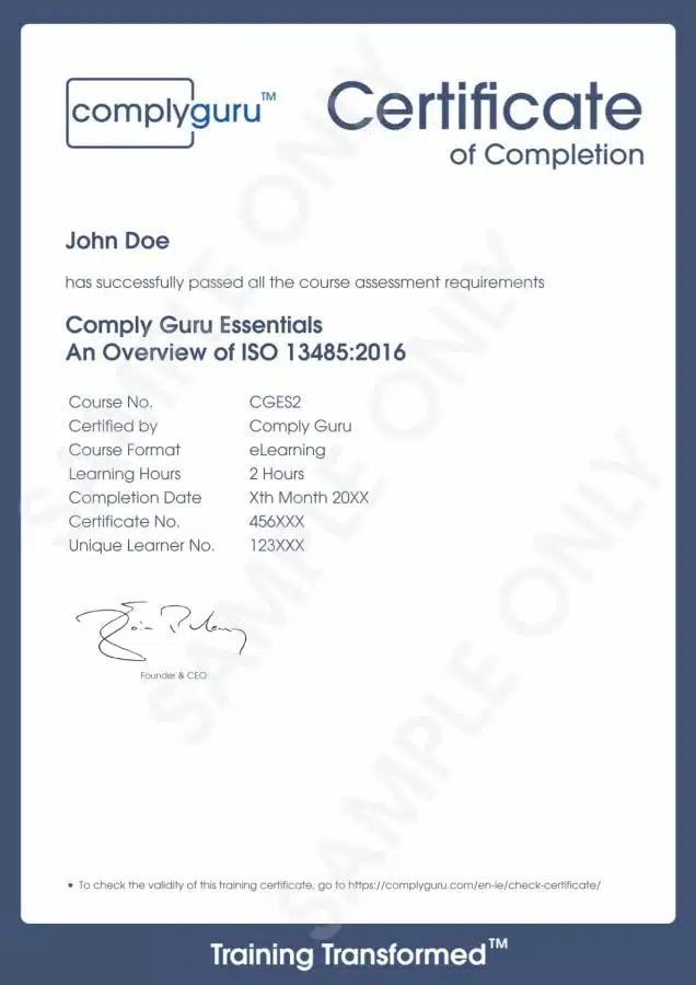 Sample Certificate of ISO 13485 Essentials Training