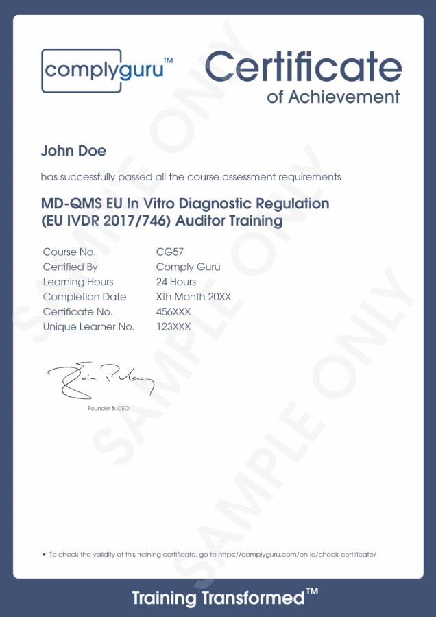 Sample Certificate of EU IVDR Auditor Training for the European In Vitro Diagnostic Regulation (2017/746)