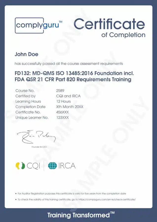 Sample Certificate of ISO 13485 and FDA QSR 21 CFR Part 820 Foundation for Practitioners and Auditors