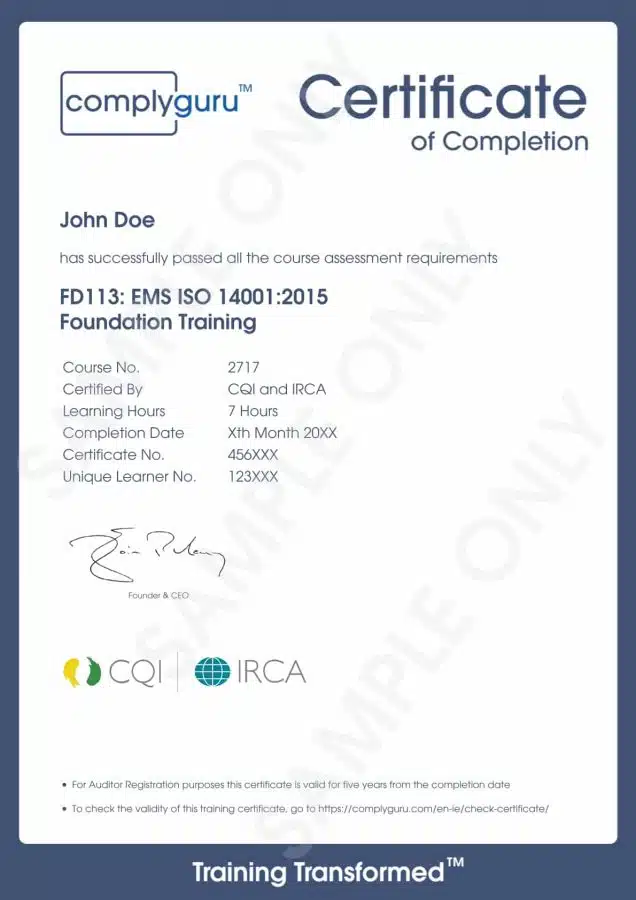 Sample Certificate of ISO 14001 Foundation Training for Environmental Management Systems (EMS)