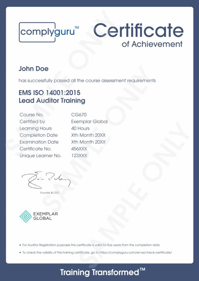 Sample Certificate of ISO 14001 Lead Auditor Training for Environmental Management Systems (EMS)